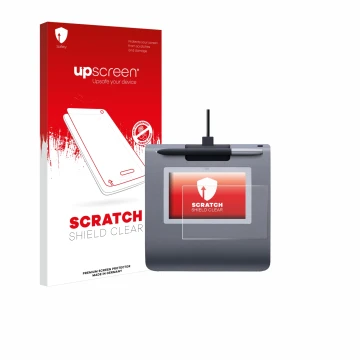 Vorderseite einer Produktverpackung mit dem Markenlogo upscreen. Daneben ist das Gerät Wacom STU-430 mit dem zugehörigen Displ