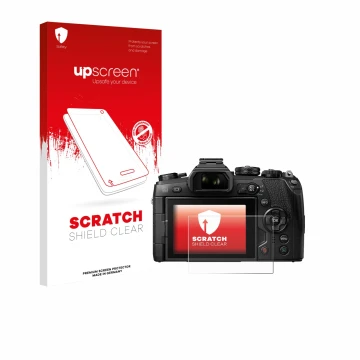 Vorderseite einer Produktverpackung mit dem Markenlogo upscreen. Daneben ist das Gerät Olympus OM-D E-M1 Mark II mit dem zugeh