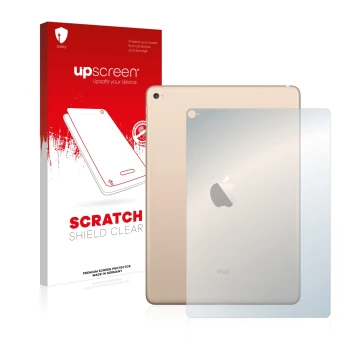 Vorderseite einer Produktverpackung mit dem Markenlogo upscreen. Daneben ist das Gerät Apple iPad Air 2 2014 (Rückseite) mit d