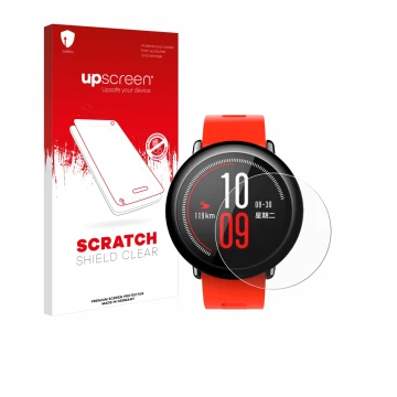 Vorderseite einer Produktverpackung mit dem Markenlogo upscreen. Daneben ist das Gerät Huami Amazfit Pace mit dem zugehörigen 