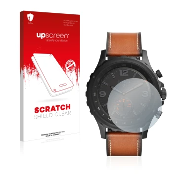 Vorderseite einer Produktverpackung mit dem Markenlogo upscreen. Daneben ist das Gerät Fossil Q Nate mit dem zugehörigen Displ