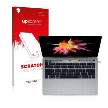 Vorderseite einer Produktverpackung mit dem Markenlogo upscreen. Daneben ist das Gerät Apple MacBook Pro 13