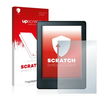 Vorderseite einer Produktverpackung mit dem Markenlogo upscreen. Daneben ist das Gerät Amazon Kindle 2016 (8. Gen.) mit dem zu