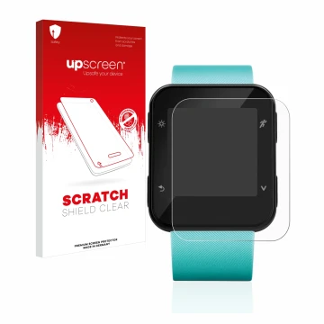 Vorderseite einer Produktverpackung mit dem Markenlogo upscreen. Daneben ist das Gerät Garmin Forerunner 35 mit dem zugehörige