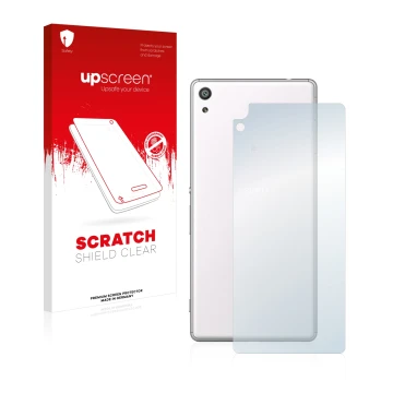 Vorderseite einer Produktverpackung mit dem Markenlogo upscreen. Daneben ist das Gerät Sony Xperia XA Ultra (Rückseite) mit de