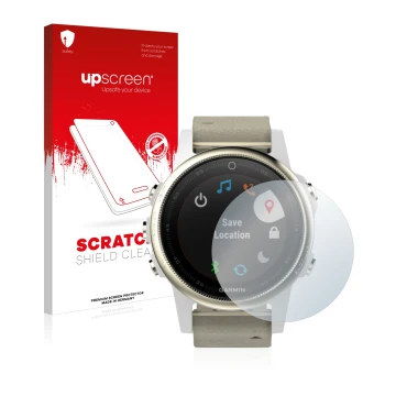 Vorderseite einer Produktverpackung mit dem Markenlogo upscreen. Daneben ist das Gerät Garmin Fenix 5S (42 mm) mit dem zugehör