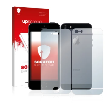 Vorderseite einer Produktverpackung mit dem Markenlogo upscreen. Daneben ist das Gerät Apple iPhone 5S (Display+Rückseite) mit