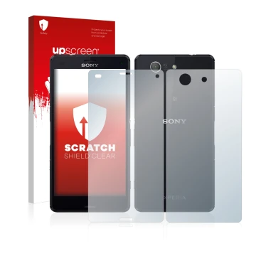 Vorderseite einer Produktverpackung mit dem Markenlogo upscreen. Daneben ist das Gerät Sony Xperia Z3 Compact D5803 (Display+R