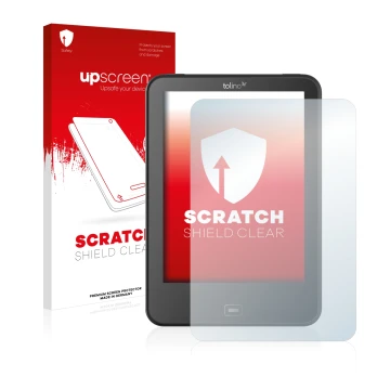 Vorderseite einer Produktverpackung mit dem Markenlogo upscreen. Daneben ist das Gerät Tolino Vision 4 HD mit dem zugehörigen 