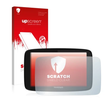 Vorderseite einer Produktverpackung mit dem Markenlogo upscreen. Daneben ist das Gerät TomTom GO 520 mit dem zugehörigen Displ