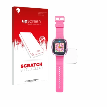 Vorderseite einer Produktverpackung mit dem Markenlogo upscreen. Daneben ist das Gerät Vtech Kidizoom Smart Watch DX mit dem z