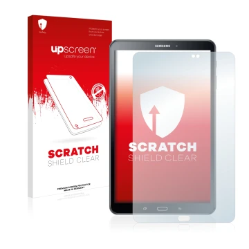 Vorderseite einer Produktverpackung mit dem Markenlogo upscreen. Daneben ist das Gerät Samsung Galaxy Tab A 10.1 2016 mit dem 