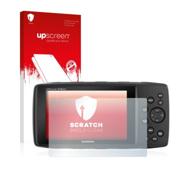 Vorderseite einer Produktverpackung mit dem Markenlogo upscreen. Daneben ist das Gerät Garmin 276Cx mit dem zugehörigen Displa