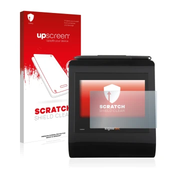 Vorderseite einer Produktverpackung mit dem Markenlogo upscreen. Daneben ist das Gerät Signotec Signature Pad Gamma mit dem zu
