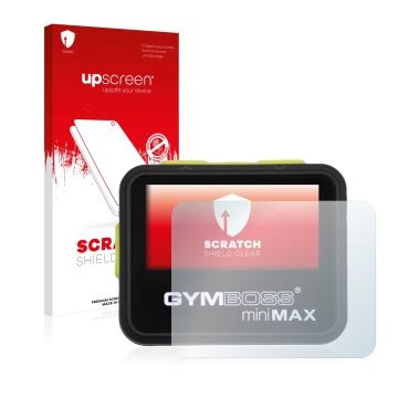 Vorderseite einer Produktverpackung mit dem Markenlogo upscreen. Daneben ist das Gerät Gymboss Minimax mit dem zugehörigen Dis