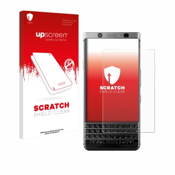 Vorderseite einer Produktverpackung mit dem Markenlogo upscreen. Daneben ist das Gerät BlackBerry Keyone mit dem zugehörigen D