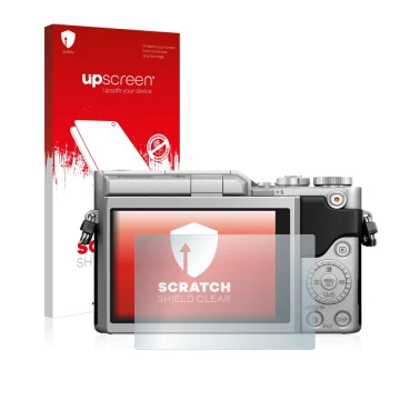 Vorderseite einer Produktverpackung mit dem Markenlogo upscreen. Daneben ist das Gerät Panasonic Lumix DC-GX800 mit dem zugehö