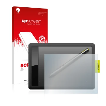Vorderseite einer Produktverpackung mit dem Markenlogo upscreen. Daneben ist das Gerät Wacom One s CTL-471 mit dem zugehörigen