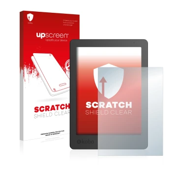 Vorderseite einer Produktverpackung mit dem Markenlogo upscreen. Daneben ist das Gerät Kobo Aura Edition 2 mit dem zugehörigen