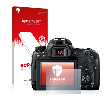 Vorderseite einer Produktverpackung mit dem Markenlogo upscreen. Daneben ist das Gerät Canon EOS 77D mit dem zugehörigen Displ