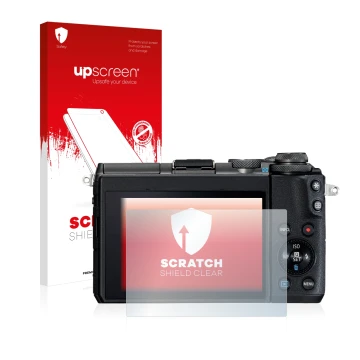 Vorderseite einer Produktverpackung mit dem Markenlogo upscreen. Daneben ist das Gerät Canon EOS M6 mit dem zugehörigen Displa