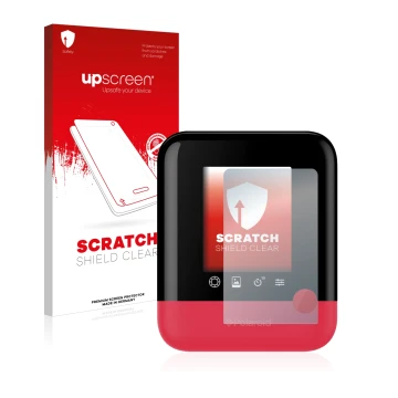 Vorderseite einer Produktverpackung mit dem Markenlogo upscreen. Daneben ist das Gerät Polaroid Pop mit dem zugehörigen Displa