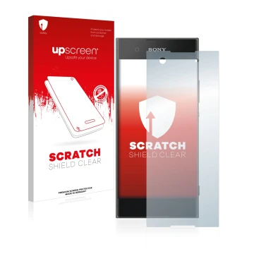 Vorderseite einer Produktverpackung mit dem Markenlogo upscreen. Daneben ist das Gerät Sony Xperia XA1 mit dem zugehörigen Dis