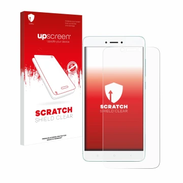 Vorderseite einer Produktverpackung mit dem Markenlogo upscreen. Daneben ist das Gerät Xiaomi Redmi 4X mit dem zugehörigen Dis