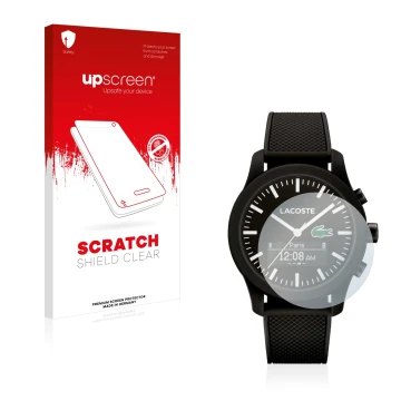 Vorderseite einer Produktverpackung mit dem Markenlogo upscreen. Daneben ist das Gerät Lacoste 12.12 Contact mit dem zugehörig