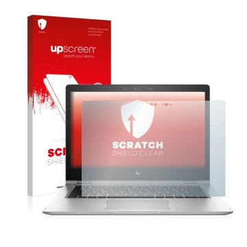 Vorderseite einer Produktverpackung mit dem Markenlogo upscreen. Daneben ist das Gerät HP EliteBook x360 1030 G2 mit dem zugeh
