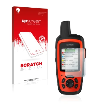 Vorderseite einer Produktverpackung mit dem Markenlogo upscreen. Daneben ist das Gerät Garmin inReach Explorer+ mit dem zugehö