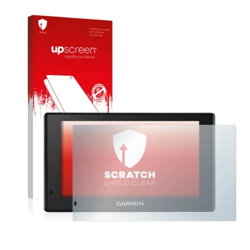 Vorderseite einer Produktverpackung mit dem Markenlogo upscreen. Daneben ist das Gerät Garmin DriveSmart 51 LMT-D mit dem zuge