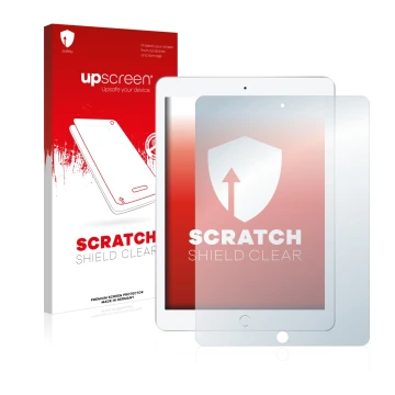 Vorderseite einer Produktverpackung mit dem Markenlogo upscreen. Daneben ist das Gerät Apple iPad 9.7 2017 (5. Gen.) mit dem z