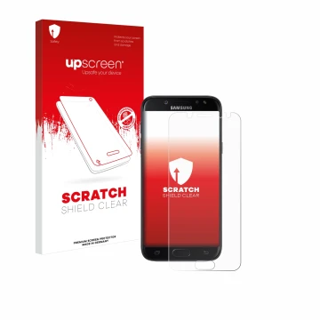 Vorderseite einer Produktverpackung mit dem Markenlogo upscreen. Daneben ist das Gerät Samsung Galaxy J5 2017 mit dem zugehöri