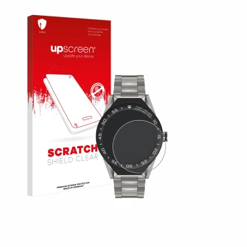 Vorderseite einer Produktverpackung mit dem Markenlogo upscreen. Daneben ist das Gerät TAG Heuer Connected Modular 45 mit dem 