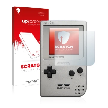 Vorderseite einer Produktverpackung mit dem Markenlogo upscreen. Daneben ist das Gerät Nintendo Gameboy Pocket mit dem zugehör
