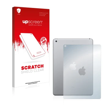 Vorderseite einer Produktverpackung mit dem Markenlogo upscreen. Daneben ist das Gerät Apple iPad 9.7