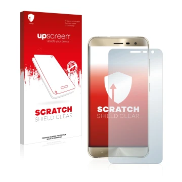 Vorderseite einer Produktverpackung mit dem Markenlogo upscreen. Daneben ist das Gerät ASUS ZenFone 3 ZE552KL mit dem zugehöri