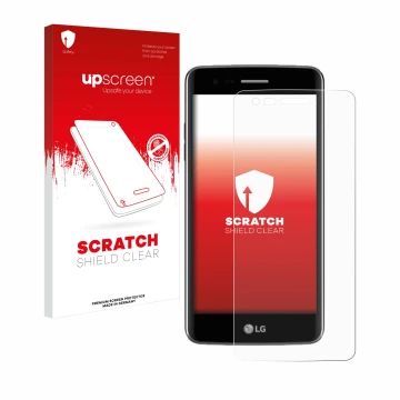 Vorderseite einer Produktverpackung mit dem Markenlogo upscreen. Daneben ist das Gerät LG K8 2017 mit dem zugehörigen Displays