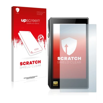 Vorderseite einer Produktverpackung mit dem Markenlogo upscreen. Daneben ist das Gerät FiiO X5 III mit dem zugehörigen Display