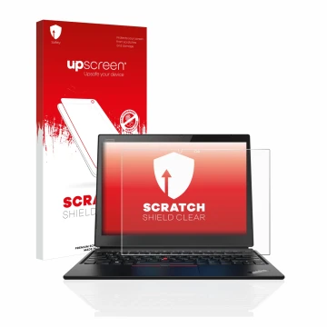 Vorderseite einer Produktverpackung mit dem Markenlogo upscreen. Daneben ist das Gerät Lenovo ThinkPad X1 Yoga (1. Gen.) mit d