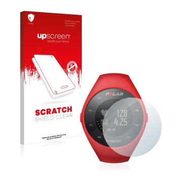 Vorderseite einer Produktverpackung mit dem Markenlogo upscreen. Daneben ist das Gerät Polar M200 mit dem zugehörigen Displays