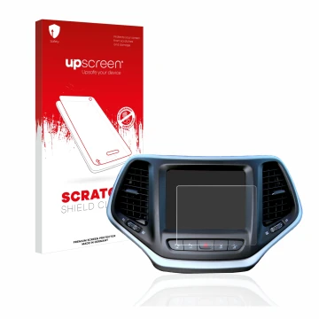 Vorderseite einer Produktverpackung mit dem Markenlogo upscreen. Daneben ist das Gerät Jeep Cherokee Uconnect 8.4