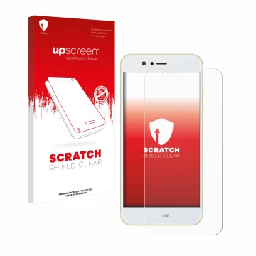 Vorderseite einer Produktverpackung mit dem Markenlogo upscreen. Daneben ist das Gerät Huawei Nova 2 mit dem zugehörigen Displ