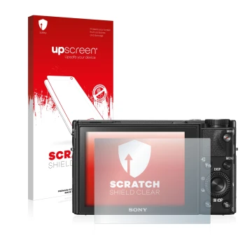 Vorderseite einer Produktverpackung mit dem Markenlogo upscreen. Daneben ist das Gerät Sony Cyber-Shot DSC-RX100 V mit dem zug