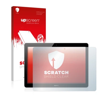 Vorderseite einer Produktverpackung mit dem Markenlogo upscreen. Daneben ist das Gerät Huawei MediaPad T3 10 mit dem zugehörig