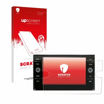 Vorderseite einer Produktverpackung mit dem Markenlogo upscreen. Daneben ist das Gerät Volkswagen Composition Media 2017 mit d