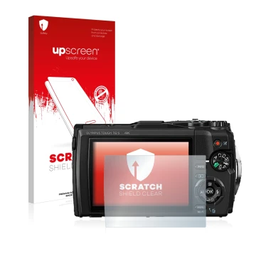 Vorderseite einer Produktverpackung mit dem Markenlogo upscreen. Daneben ist das Gerät Olympus Tough TG-5 mit dem zugehörigen 