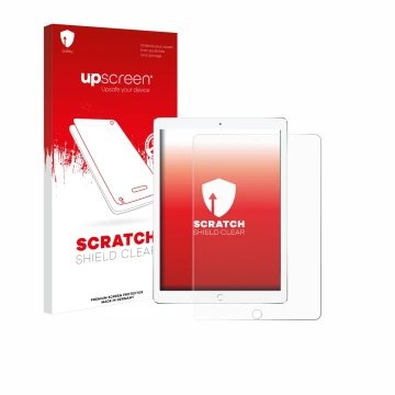 Vorderseite einer Produktverpackung mit dem Markenlogo upscreen. Daneben ist das Gerät Apple iPad Pro 10.5