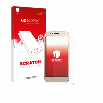 Vorderseite einer Produktverpackung mit dem Markenlogo upscreen. Daneben ist das Gerät Motorola Moto G5S mit dem zugehörigen D